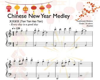 Chinese New Year Songs Medley for Piano Grade 2 Sheet Music Score with note names - 6 songs inside
