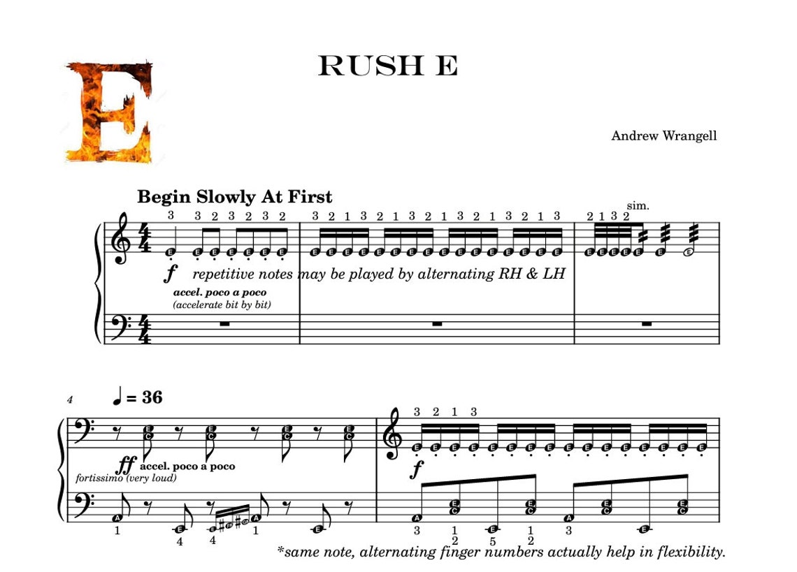 RUSH E Intermediate Piano Sheet Music With Note Names and Finger