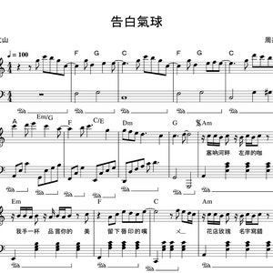 Puede incluir: Partitura de piano para la canción "Confession Balloon". La notación musical en negro sobre fondo blanco, con caracteres chinos y símbolos musicales. El título y los nombres de los compositores son visibles.