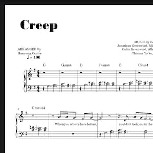 May include: Sheet music for the song "Creep" by Radiohead, arranged by Harmony Centre. The title is in bold black font at the top, with musical notation and lyrics below. The tempo is indicated as 100 beats per minute.