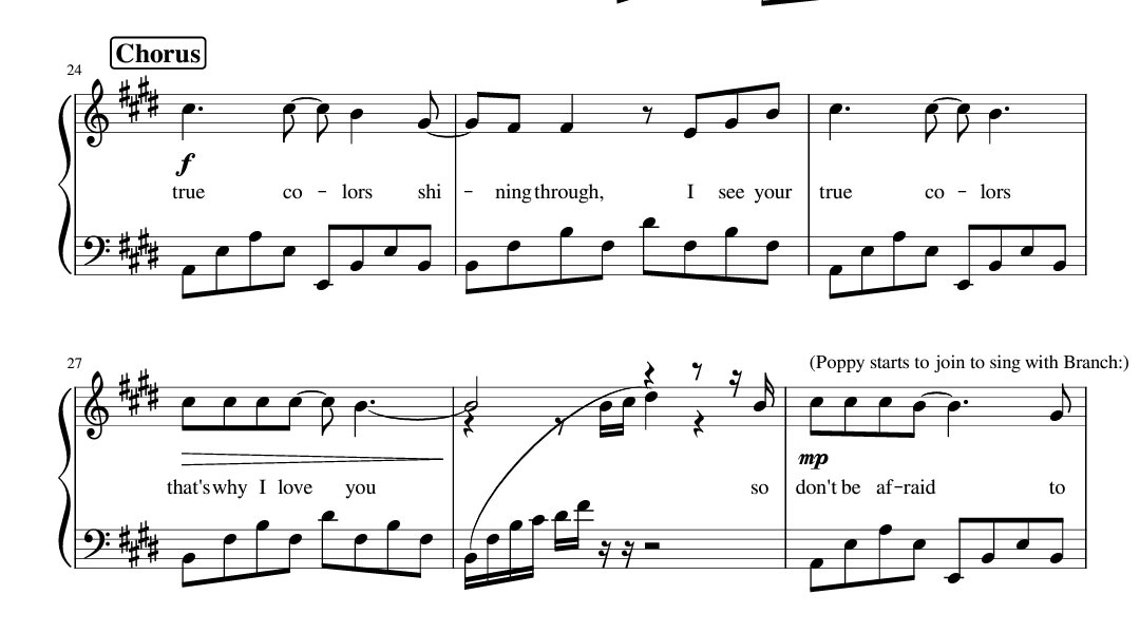 True Colors trolls Piano Sheet Music Score for Grade 5 & Preliminary ...