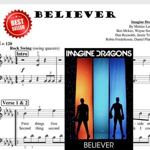 May include: Sheet music for the song "Believer" by Imagine Dragons. The sheet music includes the lyrics, chords, and melody for the song. The song is in the key of C major and is in 4/4 time.