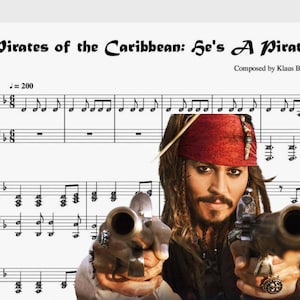 Pirates of the Caribbean: He's A Pirate - Piano Sheet Music Score with note names + Free Exercise Pages Grade 6