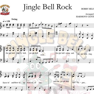 May include: Sheet music for "Jingle Bell Rock" by Bobby Helms, arranged by Harmony Centre. The musical score features treble and bass clef notation, with lyrics interspersed throughout. The title and artist's name are prominently displayed at the top.