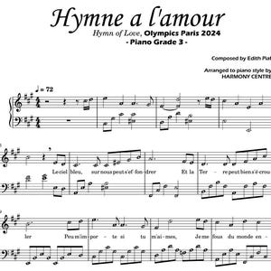セリーヌ・ディオン作曲「Hymne a l'amour (愛の賛歌)」 | ピアノ楽譜 音名付き G3