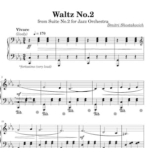 Può includere: Partitura per Valzer n. 2 dalla Suite n. 2 per orchestra jazz di Dmitrij Šostakovič. La musica è scritta in chiave di violino e include l'indicazione di tempo "Vivace (vivace)" e la segnatura di tempo 3/4.