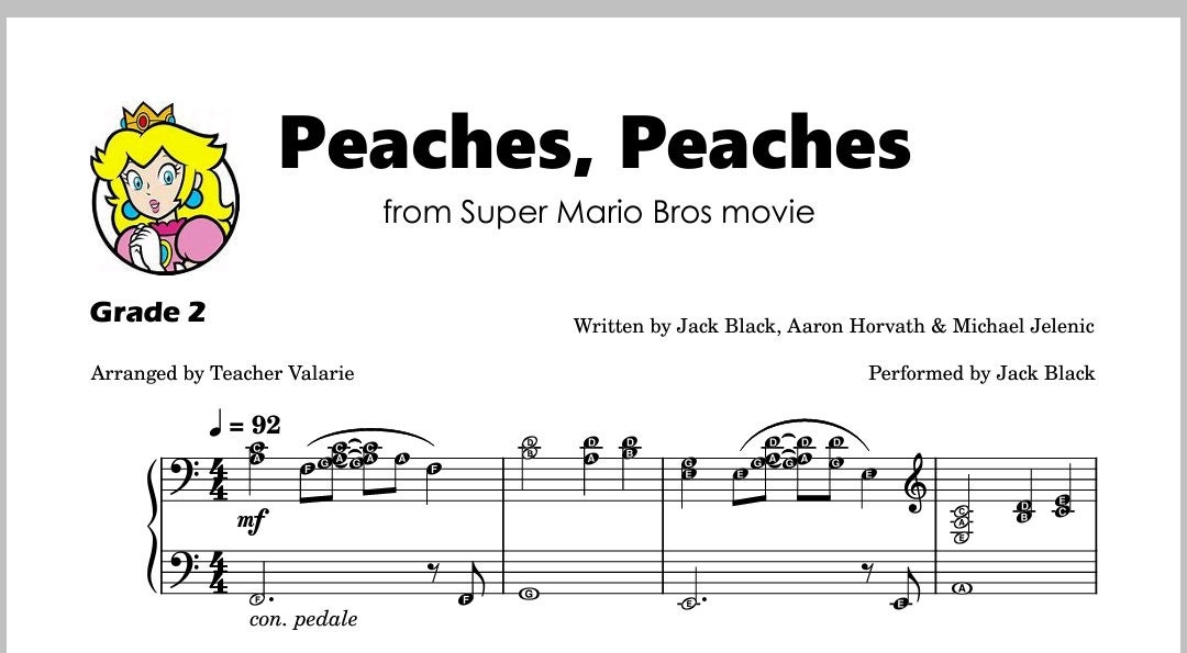 Canción de Peaches - Super Mario Bros La Película - Jack Black - PIANO  FÁCIL CON NOTAS 