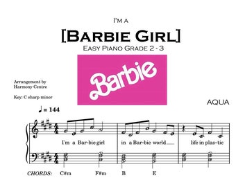 Barbie girl | Piano Sheet Music Score with note names Grade 2.