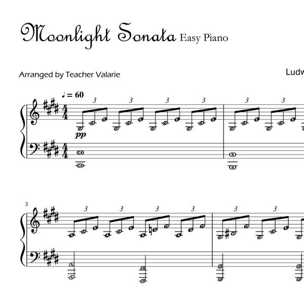 Moonlight Sonata | Easy Piano Sheet with note names, easy awesome part only Grade 2