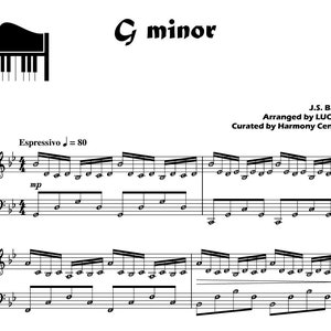 May include: Sheet music for a piano piece in G minor, titled "G minor" by J.S. Bach, arranged by LUO NI and curated by Harmony Centre. The music is written in standard notation and includes a tempo marking of "Espressivo = 80".