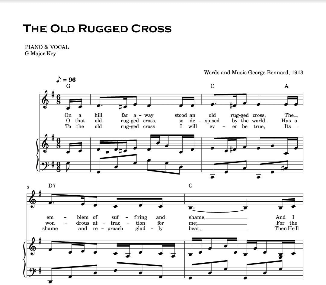 Old Rugged Cross Piano Vocal Chords With Lyrics, Note Names & Chords Etsy