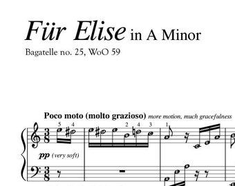 Fur Elise BEETHOVEN Full Version Original - Piano Sheet with note names Self Learning Series