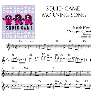 Könnte beinhalten: Notenblatt für "Squid Game - Morning Song" mit Figuren aus der beliebten Netflix-Serie. Die Musik ist für Trompete arrangiert und enthält den Titel "Joseph Haydns 'Trompetenkonzert'" und "Arrangiert von Teacher Valarie".