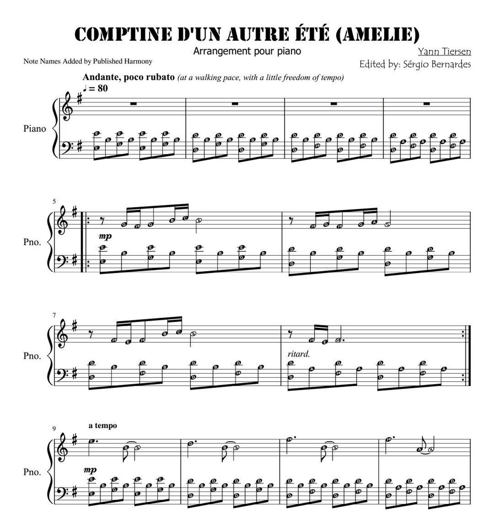 Comptine D Un Autre Ete Amelie. Piano Sheet Music Free Etsy