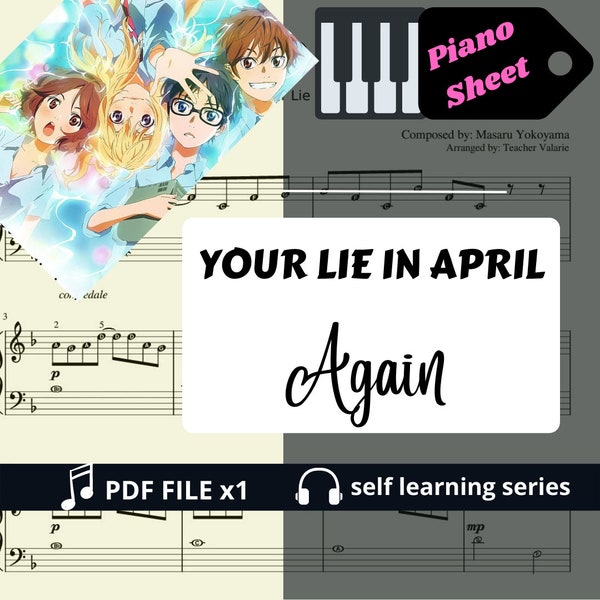 Again - your lie in april - sad song | piano sheet music score with note names | Self-learning Series