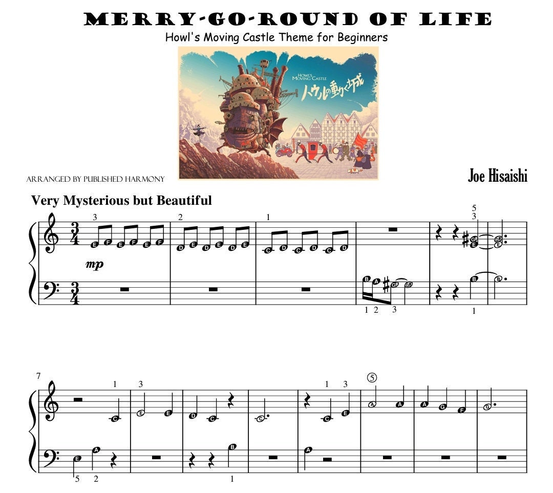 marks マークス　メリーゴーランド　sheet musicマスキングテープ Merry Go Round of Life | PRELIMINARY Piano Sheet With Note Names