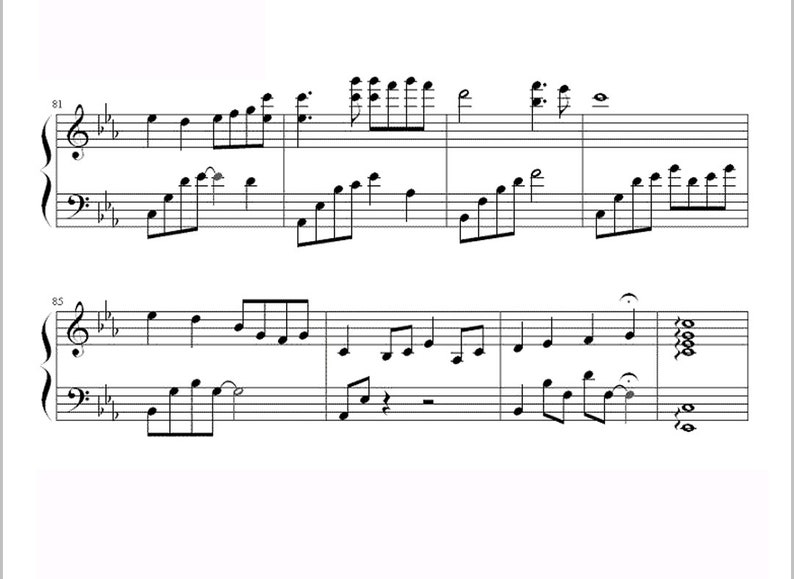 Puede incluir: Una partitura musical con notas musicales impresas sobre un fondo blanco. La m&uacute;sica es para piano e incluye los n&uacute;meros 81 y 85, que indican los n&uacute;meros de comp&aacute;s de inicio.