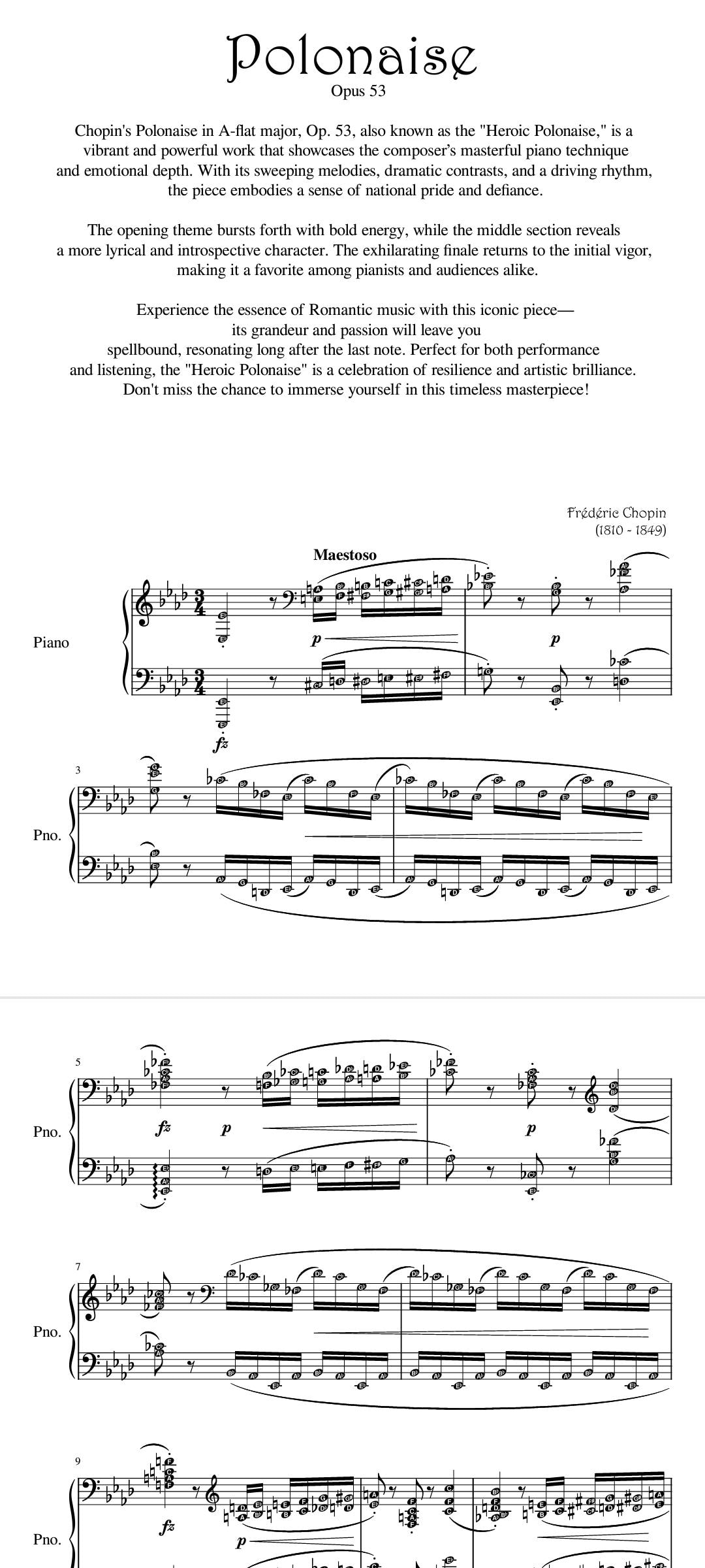 Polonaise Op 53 Heroic by CHOPIN Piano Sheet Music Score With Note