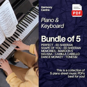 May include: A piano keyboard with sheet music and the text "Piano & Keyboard Bundle of 5." The bundle includes sheet music for songs by Ed Sheeran, Maroon 5, Camila Cabello, and Tones & I. A PDF icon is in the upper right corner.