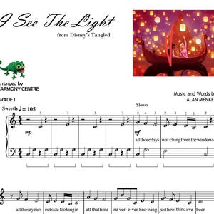 May include: Sheet music for the song "I See The Light" from the Disney film Tangled. The music is arranged for piano and includes lyrics. The sheet music is in the key of C major and has a tempo of 105 beats per minute.