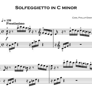 Puede incluir: Una partitura musical para piano titulada "Solfeggietto en Do menor" de Carl Phillip Emanuel Bach. La música está escrita en notación estándar con una marca de tempo de J=150 y la palabra "Prestissimo" sobre la primera compás.