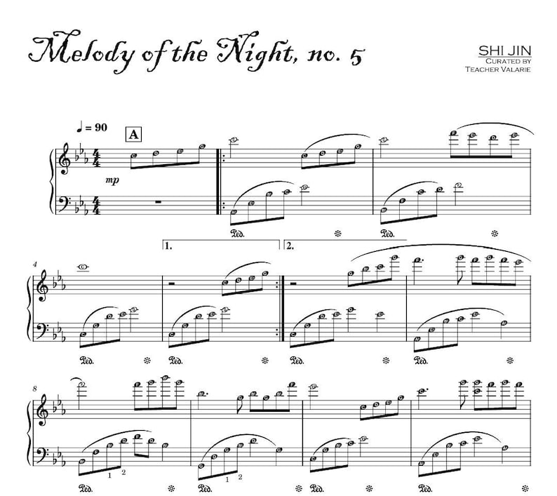 Puede incluir: Partitura para piano de una pieza titulada "Melody of the Night, no. 5" de Shi Jin,  curada por Teacher Valarie. La m&uacute;sica est&aacute; escrita en notaci&oacute;n est&aacute;ndar con una armadura de clave de La mayor y una comp&aacute;s de 4/4. El tempo est&aacute; marcado como = 90.