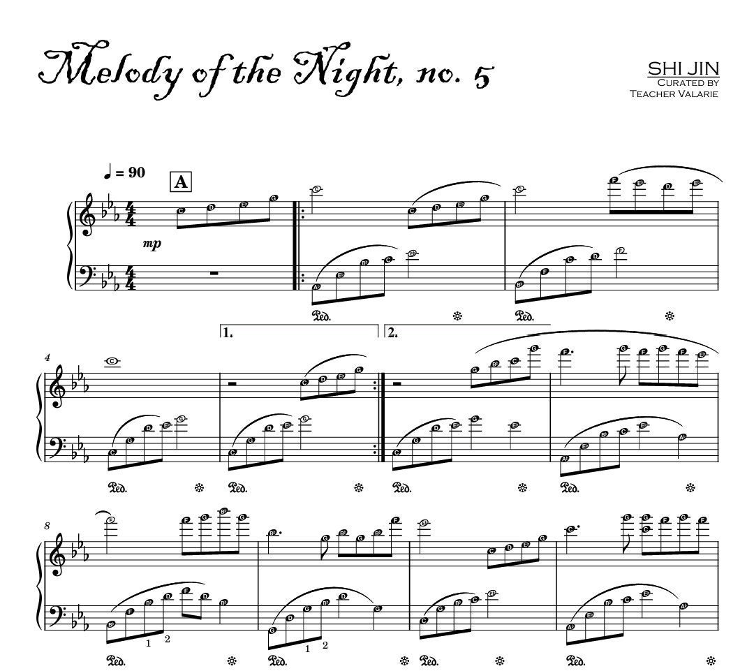 Partitura para piano de Melodía de la Noche n.º 5: Shi Jin (PDF)