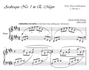 Arabesque no. 1 in E major - Debussy | Piano Sheet Music with note names | Self-learning Series Printable PDF