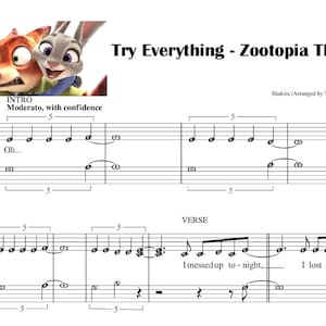 Könnte beinhalten: Notenblatt für das Lied "Try Everything" aus dem Film Zoomania. Die Musik ist für Klavier arrangiert und enthält den Text "Oh... I messed up to-night, I lost a-nother".