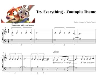 Try. Everything. Easy Piano Sheet Music with note names