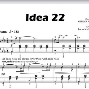 Op de afbeelding: Muziekblad voor "Idea 22" met muzieknotatie, inclusief G-sleutel en F-sleutel, en tempo-aanduiding. De tekst bevat de namen van de componist en arrangeur, en instructies. De titel is vetgedrukt.