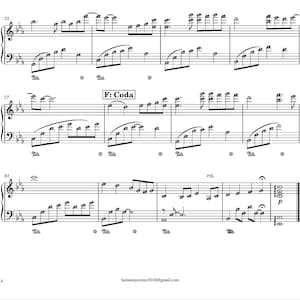 Puede incluir: Partitura para piano de una pieza titulada "Coda". La m&uacute;sica est&aacute; escrita en clave de sol y contiene notas, silencios y compases.