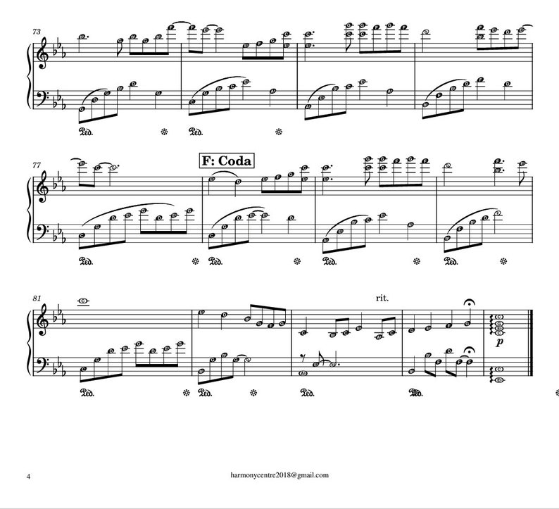 Puede incluir: Partitura para piano de una pieza titulada "Coda". La m&uacute;sica est&aacute; escrita en clave de sol y contiene notas, silencios y compases.