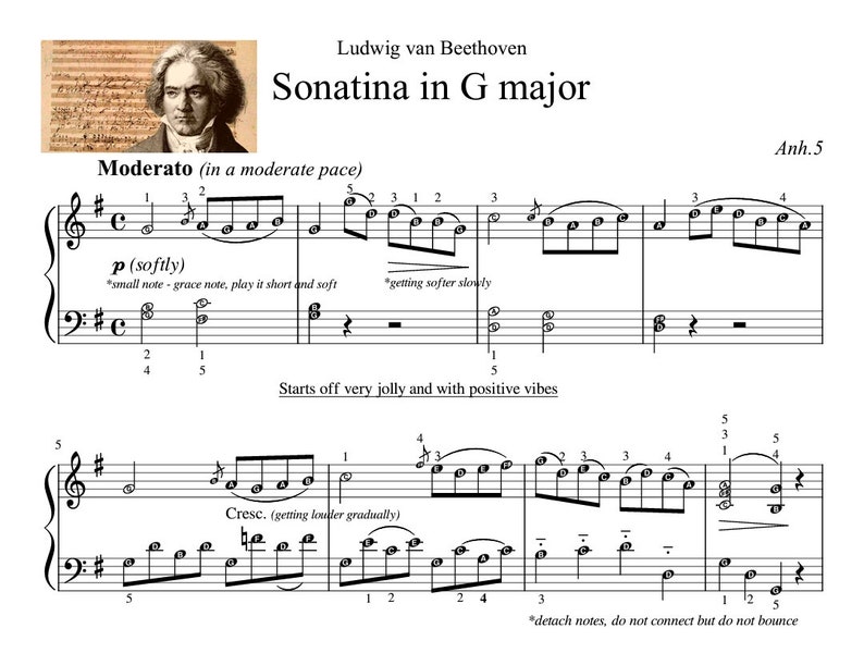 Sonatina in G major Self-learning Series Piano Sheet Music Score with note names image 1