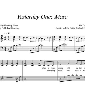 Pode incluir: Partitura musical para a canção "Yesterday Once More" dos Carpenters. A música é escrita em notação padrão com uma armadura de clave de 4 bemóis e uma compasso de 4/4. O tempo é marcado como = 96. As letras do primeiro verso são incluídas abaixo da música.