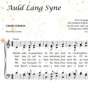 Puede incluir: Una partitura con la letra y la melodía de la canción "Auld Lang Syne" en versión coral. La letra está en escocés e inglés.