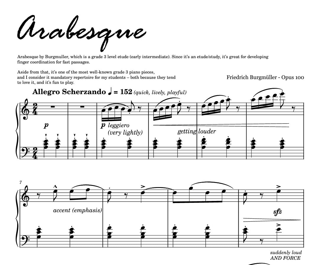 Arabesque in A Minor BURGMULLER (grade 2) Piano Sheet Music Score Self ...