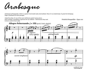 Arabesque in A Minor BURGMULLER (Grade 2) Piano Sheet Music Score Self Learning Series with note names