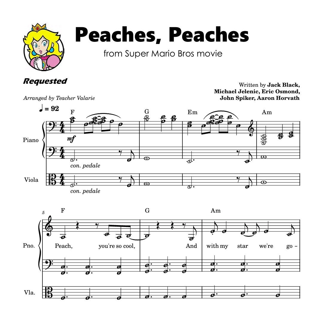 PEACHES Jack Black Super Mario Bro Piano Sheet Music Score 