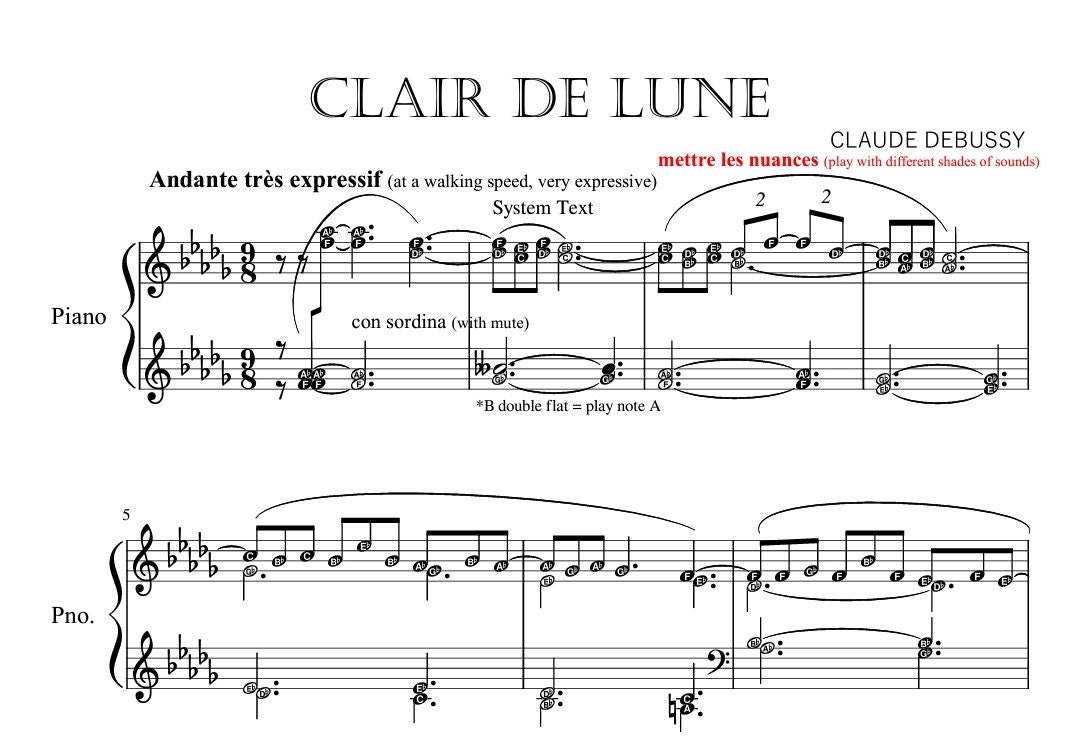 Clair De Lune - Debussy | Piano Sheet With Note Names - Original