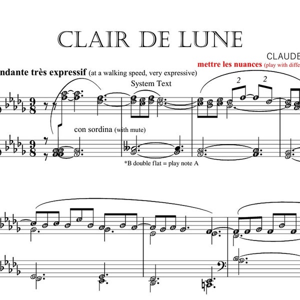 Clair de Lune - Debussy | Piano Sheet with note names - Original Version - Self-learning Series