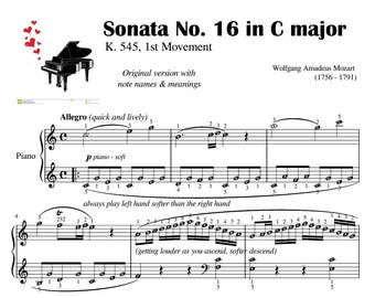 Mozart Sonata Op. 16 No. 3 Piano Sheet Music with Note Names