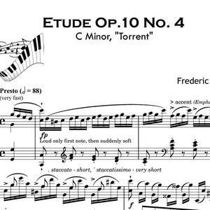 Etude Op. 10 No. 4 in C minor - Torrent CHOPIN Grade 8 Piano sheet music with Note Names & Details ROMANTIC PERIOD