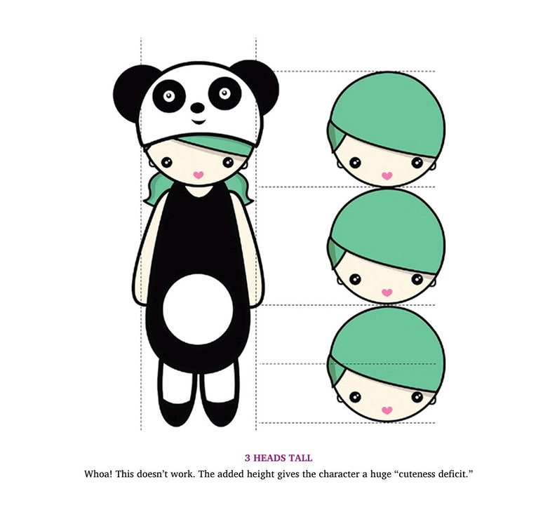 Pu&ograve; includere: Un costume da testa di panda bianco e nero con un personaggio dai capelli verdi che lo indossa. Il personaggio &egrave; in piedi su uno sfondo bianco con tre cerchi che rappresentano l'altezza del personaggio. Il testo "3 HEADS TALL" &egrave; sotto i cerchi. Il testo "Whoa! This doesn't work. The added height gives the character a huge "cuteness deficit." &egrave; sotto il testo "3 HEADS TALL".