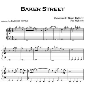 May include: Sheet music for the song "Baker Street" by Gerry Rafferty, arranged by Harmony Centre. The music is written in standard notation with a treble clef and a bass clef. The title of the song is written in large, bold letters at the top of the page.