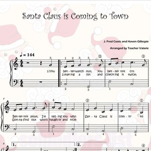 May include: A sheet music page with the title "Santa Claus is Coming to Town" and the lyrics to the song. The music is written in treble clef and includes notes for piano.