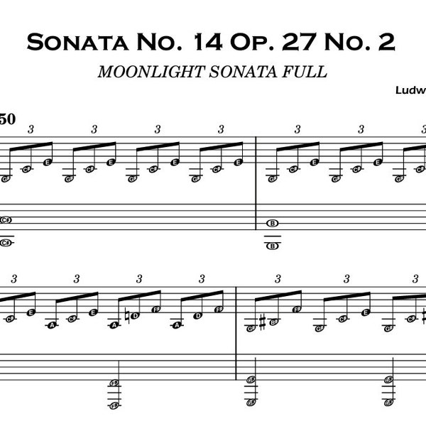 Moonlight Sonata FULL 3 Movements Piano Sheet Self Learning Series with note names Beethoven