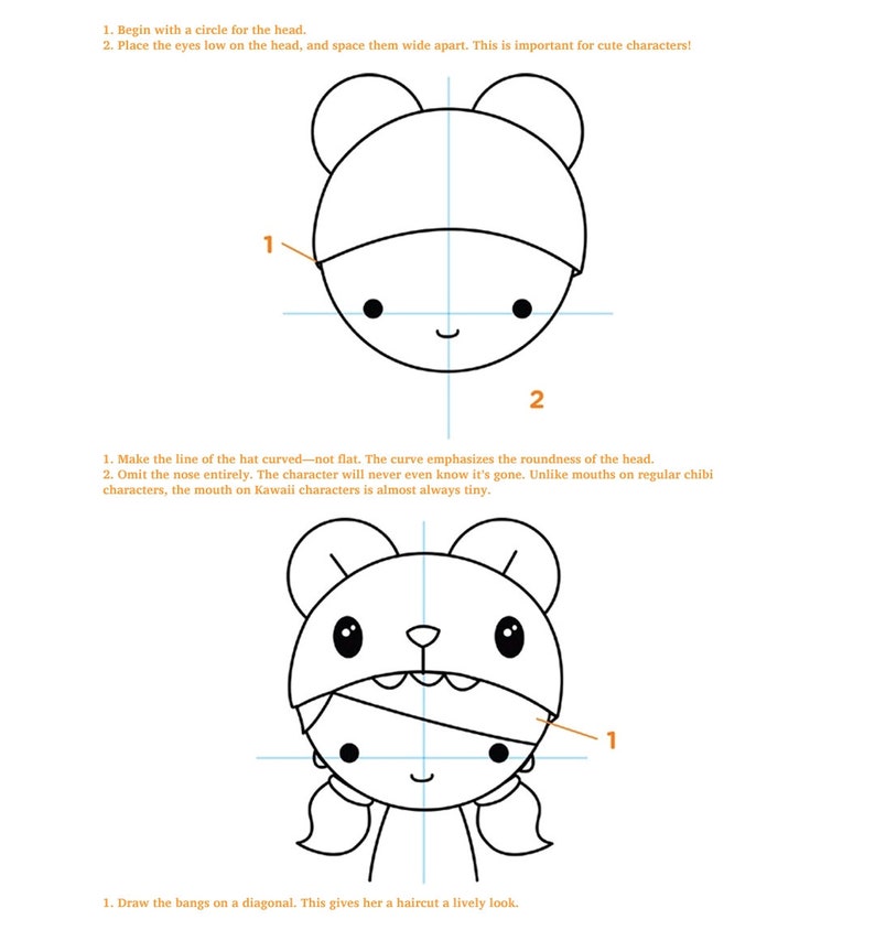 Pu&ograve; includere: Una guida passo passo su come disegnare un personaggio kawaii con un cappello da orso. La guida include istruzioni e passaggi numerati per disegnare la testa, gli occhi, il cappello e la frangia.
