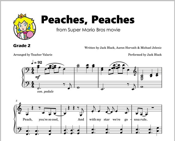 PEACHES Jack Black Super Mario Bro Piano Sheet Music Score 