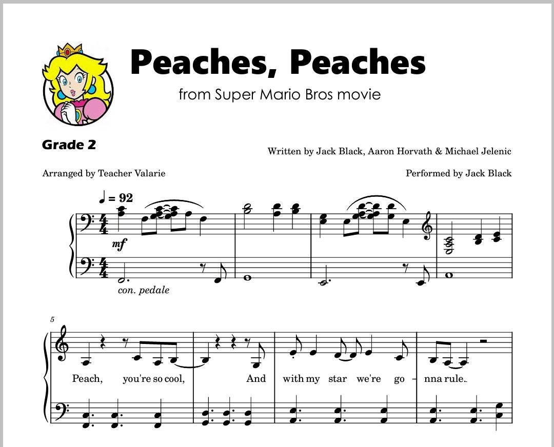 PEACHES Jack Black Super Mario Bro Piano Sheet Music Score 